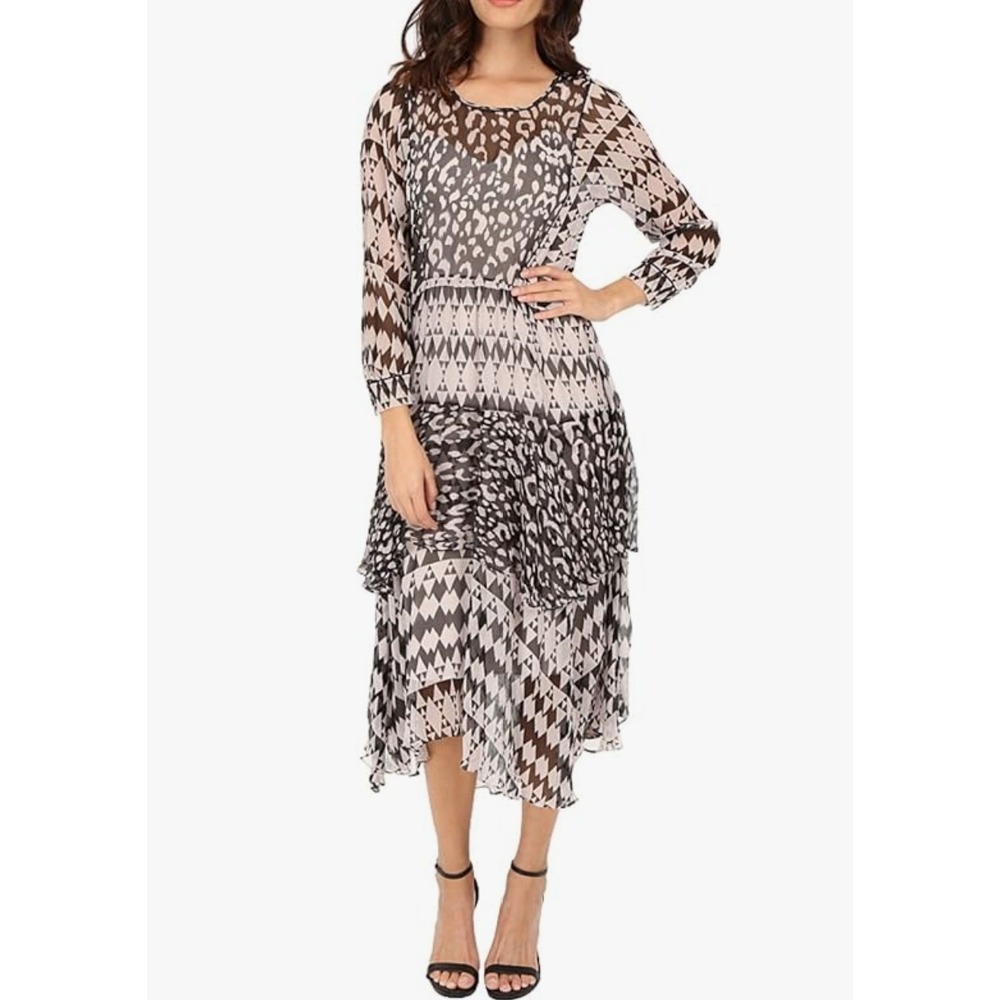 Rebecca Taylor 100% Silk Mixed Print Midi Dress 8 Animal Geometric Asymmetrical